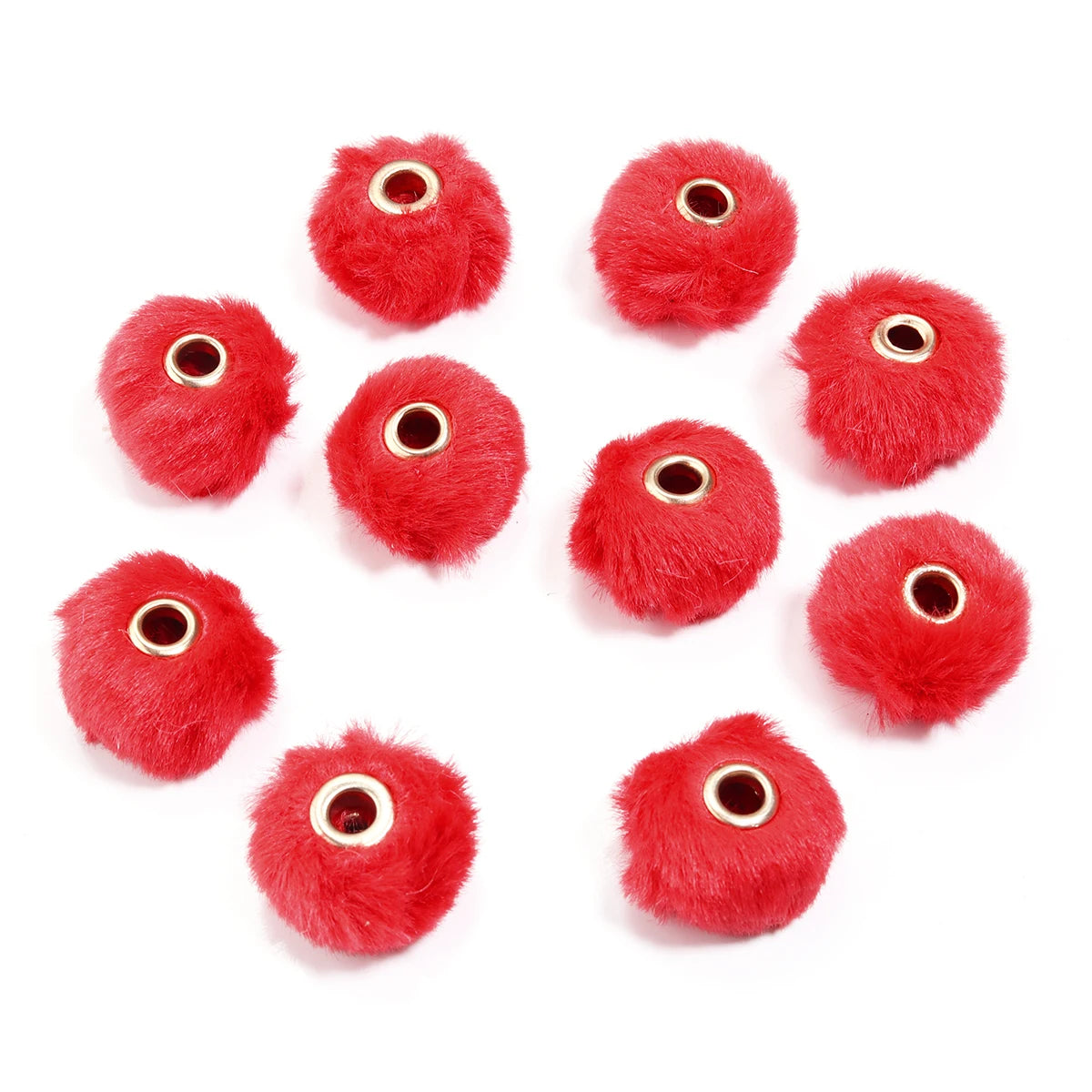 Collection de boules ou perles de fourrure rouge vif pour la fabrication de bijoux DIY.