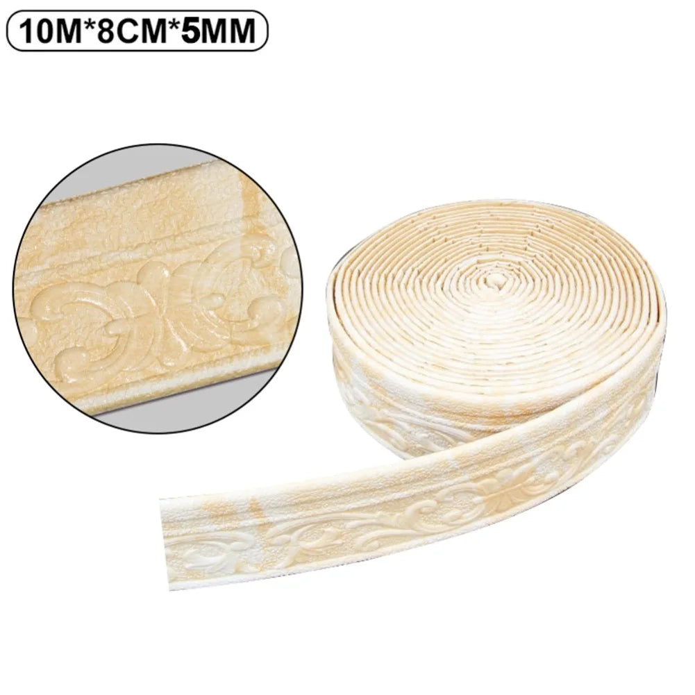 Roll of 3D self-adhesive wall trim border in beige color shown with a close-up view.