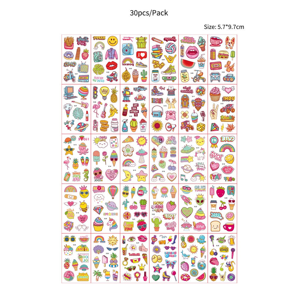 A collection of 30 pieces of waterproof temporary body art stickers featuring various designs and themes.