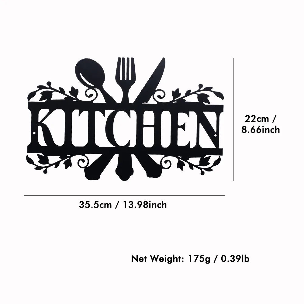 Rustic black metal word sign spelling KITCHEN featuring cutlery silhouettes for kitchen wall decor
