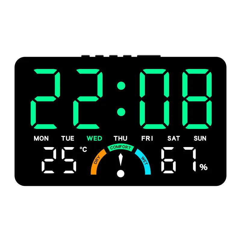 Digital alarm clock displaying 22:08 with a temperature of 25°C and humidity of 67%