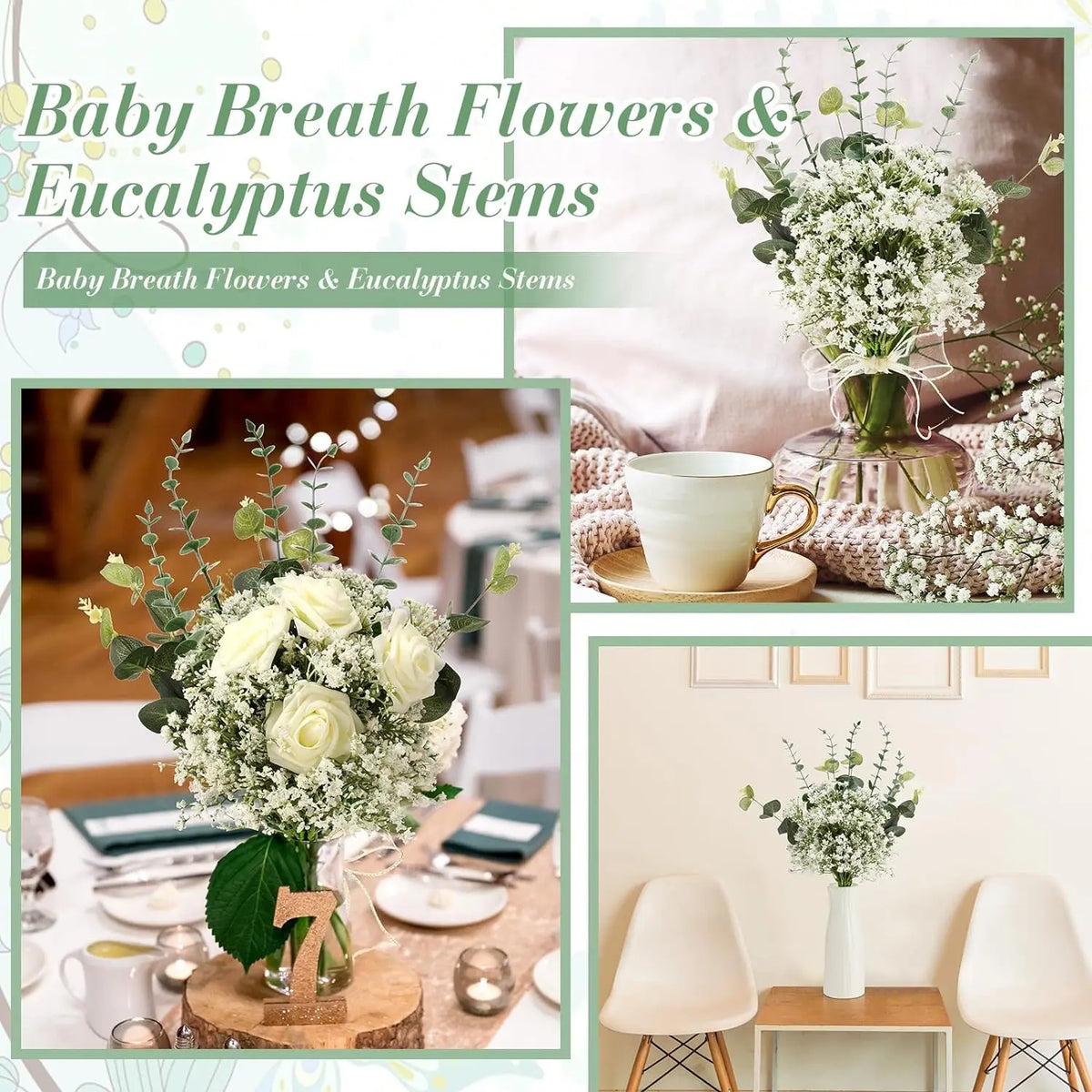A collection of 30 mixed artificial eucalyptus and baby's breath floral stems displayed in various arrangements.