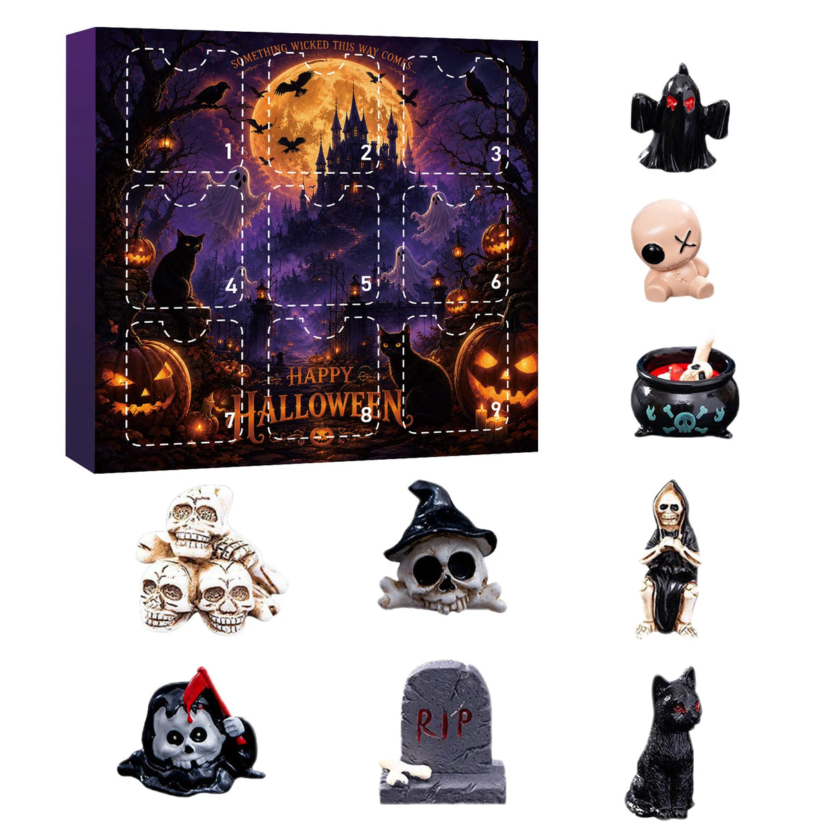 A Halloween themed advent calendar box featuring various spooky resin figurines including cats skulls and a bat