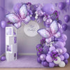A purple butterfly balloon arch kit featuring large butterflies and balloons for party decoration.