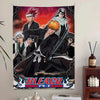 Poster mit Bleach-Charakteren im dunklen, dramatischen Collage-Stil mit japanischer Schrift.