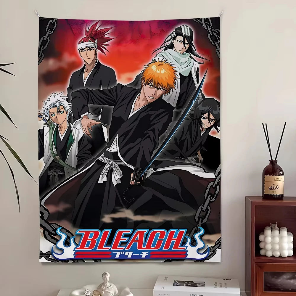 Poster mit Bleach-Charakteren im dunklen, dramatischen Collage-Stil mit japanischer Schrift.
