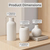 A set of three matte white ceramic vases with vertical ribbed texture shown next to dimension labels.