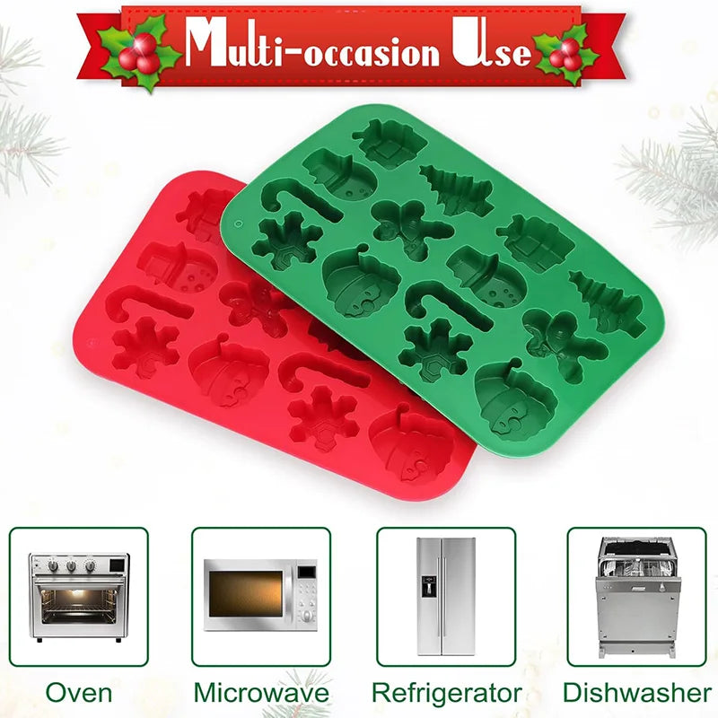 A set of multi-occasion silicone molds in red and green for baking and kitchen use.