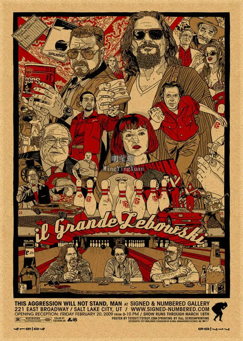 A vintage movie poster featuring a group of men and women in sepia tones, advertising Il Grande Lebowski.