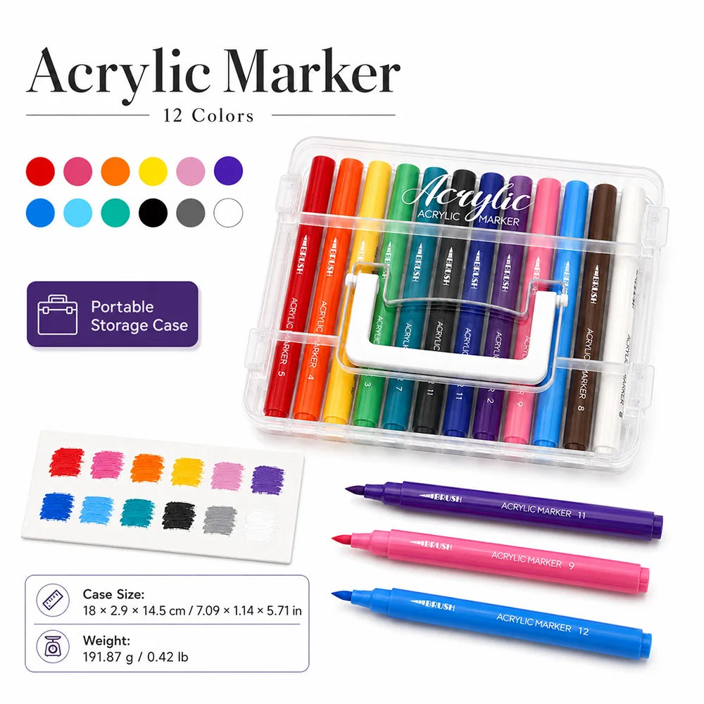 A clear storage case holds 12 acrylic markers in various colors and shades with brush tips.