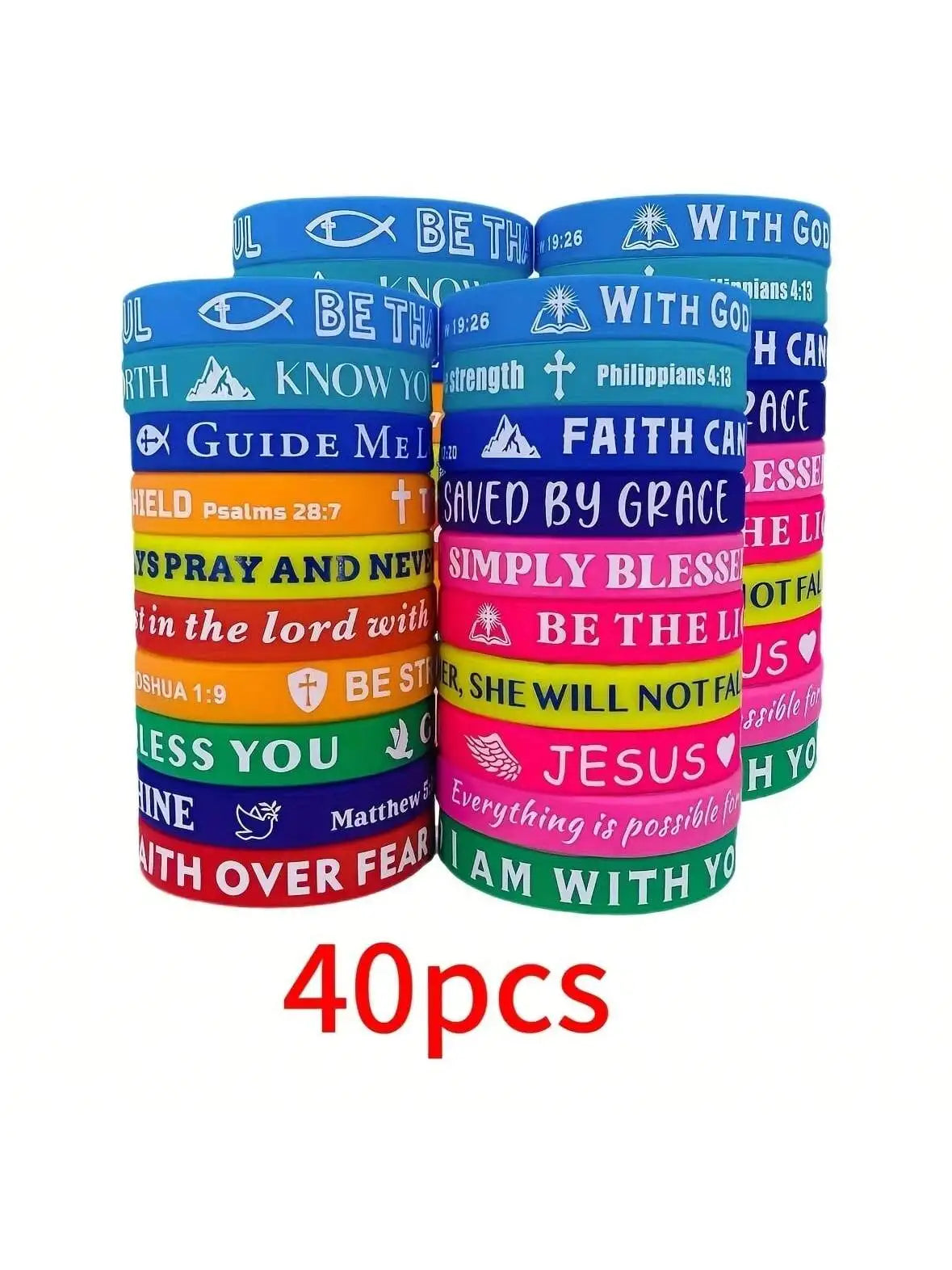 A set of twenty inspirational Bible verse silicone bracelets in various colors and designs.