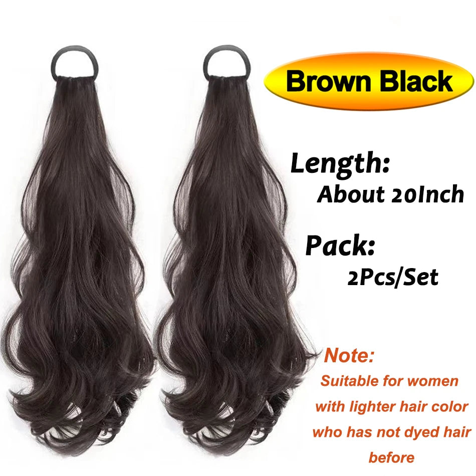 Brown black heat resistant synthetic ponytail extensions sold as a 2 piece set