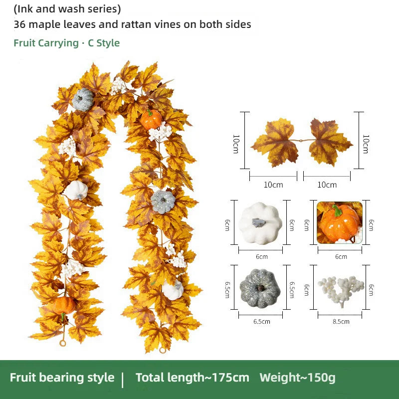 Artificial maple leaf garland featuring yellow and orange leaves and rattan vines for autumn home decor