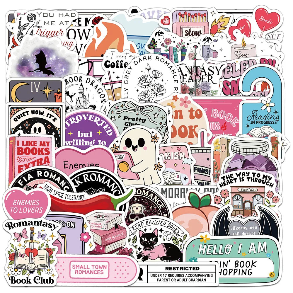 A collection of creative romantic reading stickers featuring various themes like enemies to lovers and book club ideas