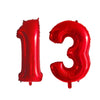 Two red helium foil number balloons shaped like 1 and 3