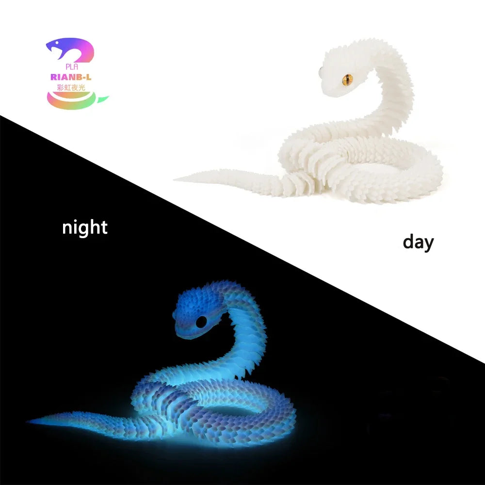 A white articulated snake fidget toy shown in both night and day lighting conditions.