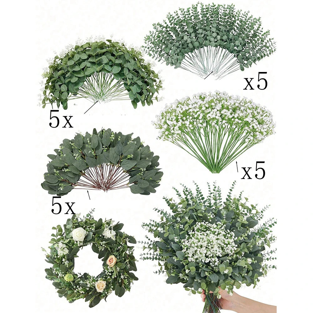 A collection of artificial eucalyptus leaves and small white flowers arranged in bouquets for home decor.