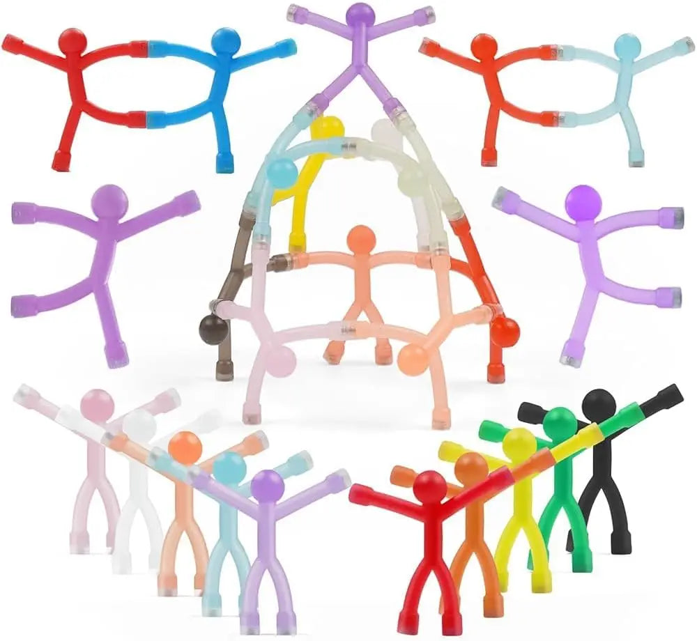 A collection of colorful humanoid silicone magnets in various poses and colors for office or locker decoration.