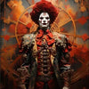 A striking portrait of a figure with red hair and white face paint, set against an orange and dark background.