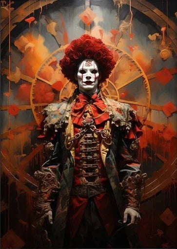 A striking portrait of a figure with red hair and white face paint, set against an orange and dark background.