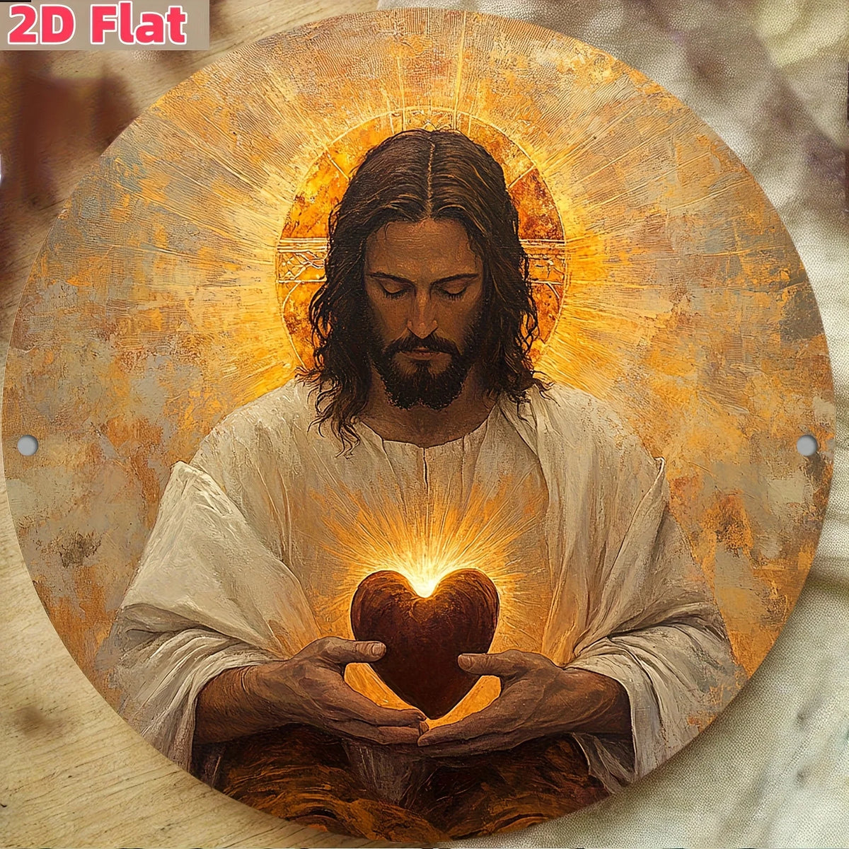 A painting of Jesus with a radiant halo and a glowing sacred heart, set against an orange and gold background.