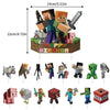 A set of Minecraft-themed party supplies including a flag pulling cake topper and tableware.