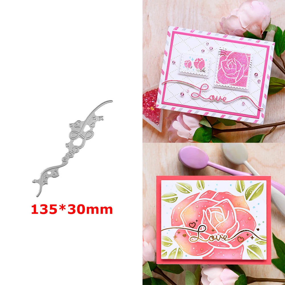 A silver floral love word stencil and stamp set displayed on a pink background with roses and greenery.