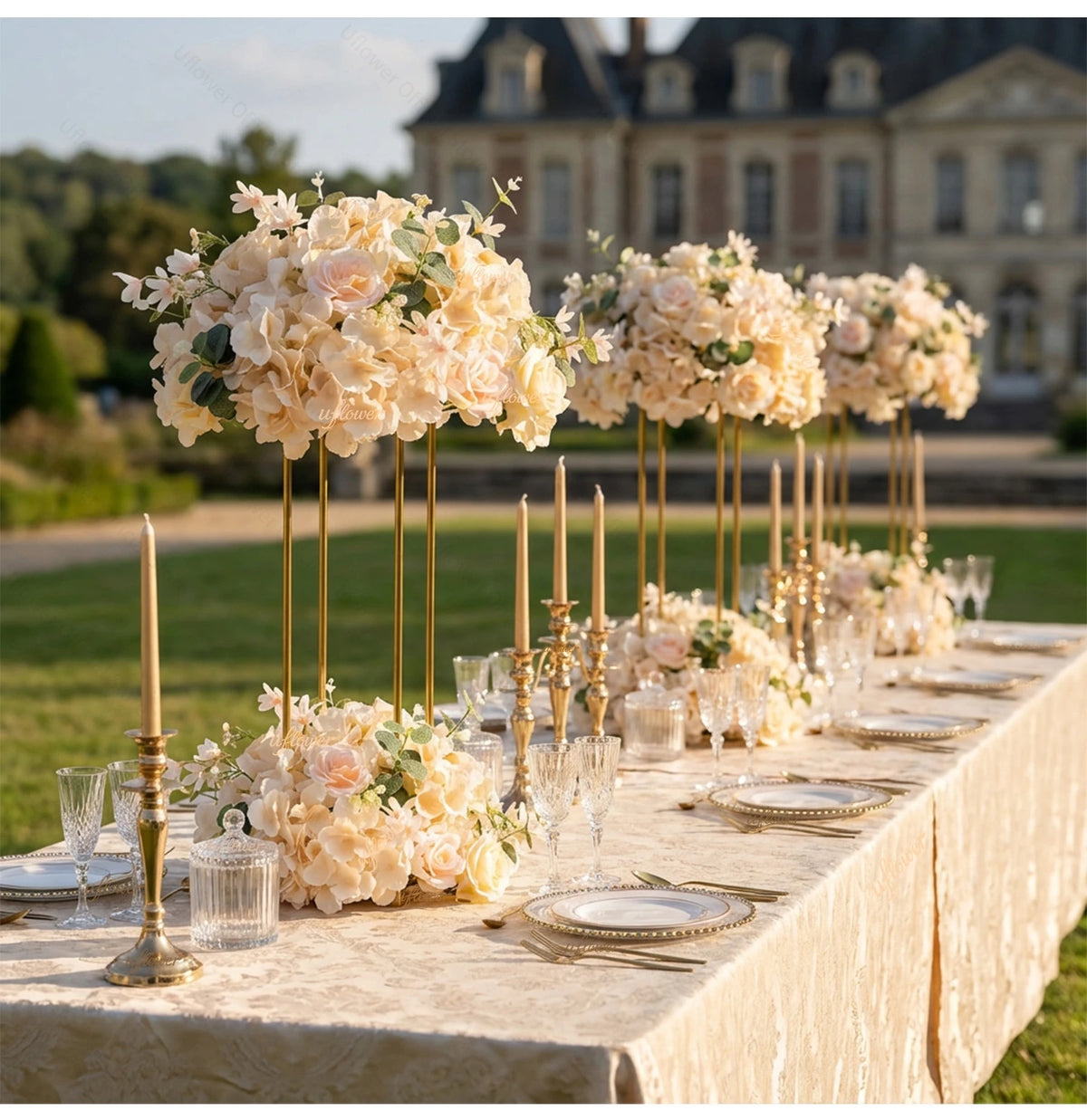 A long table decorated with silk champagne rose and hydrangea flower ball centerpieces for an event.
