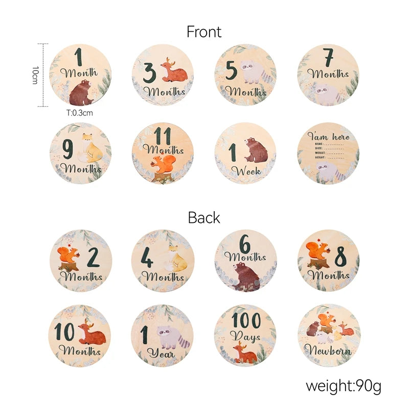 A set of wooden baby milestone cards showing months, years, and newborn stages.