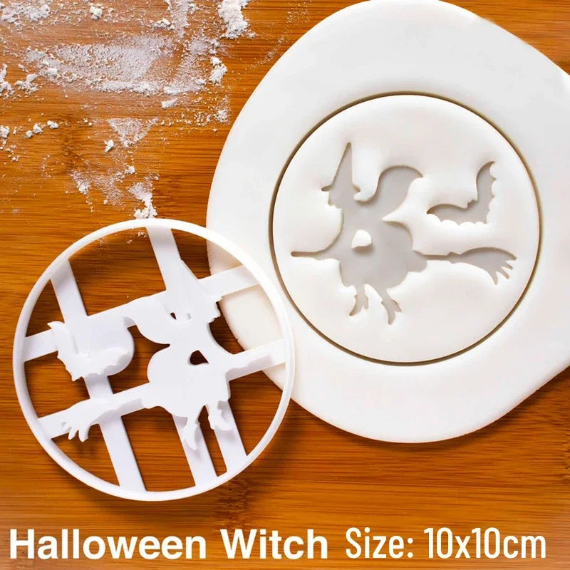 White silicone cookie cutters and fondant stamps shaped like witches on a wooden surface.