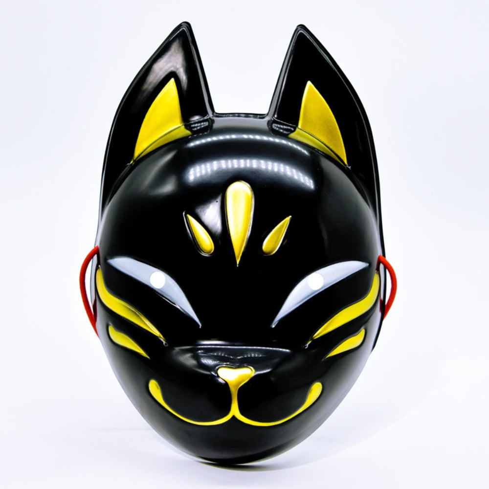A glossy black fox face mask with yellow accents, designed for Halloween and costume parties.