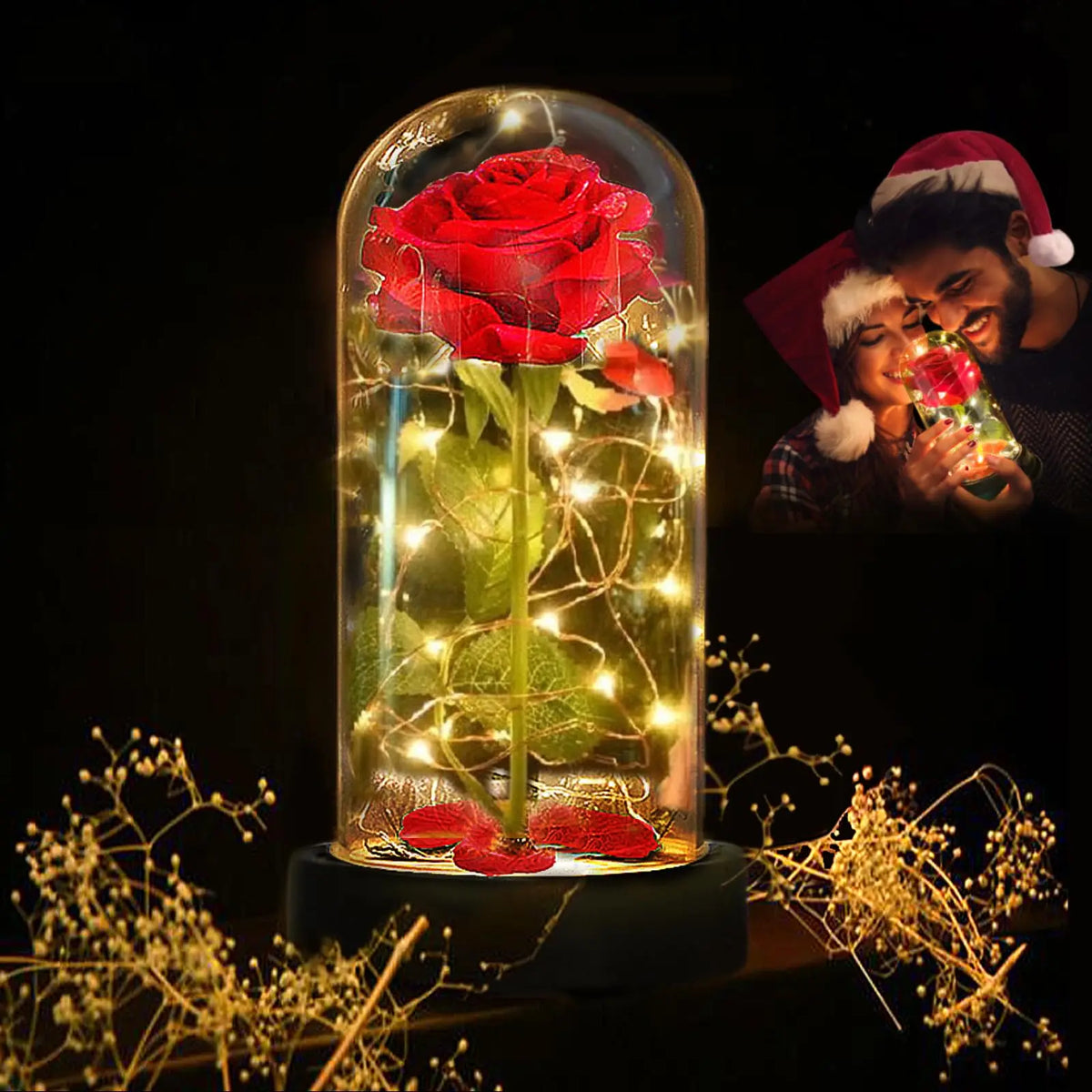 A glass vase filled with a red rose and glowing LED lights, set against a dark background.