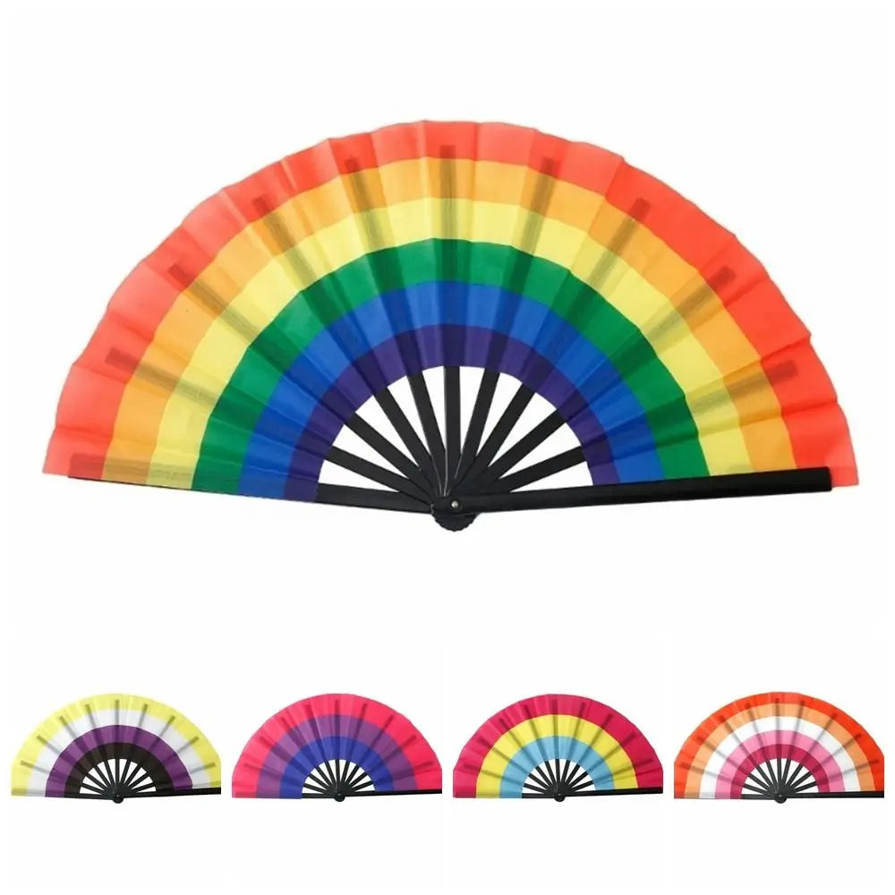 A colorful folding hand fan displaying a rainbow gradient of colors.