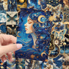 A hand holds a square sticker pack featuring a blue and gold illustration of a woman with celestial elements on a dark backgr
