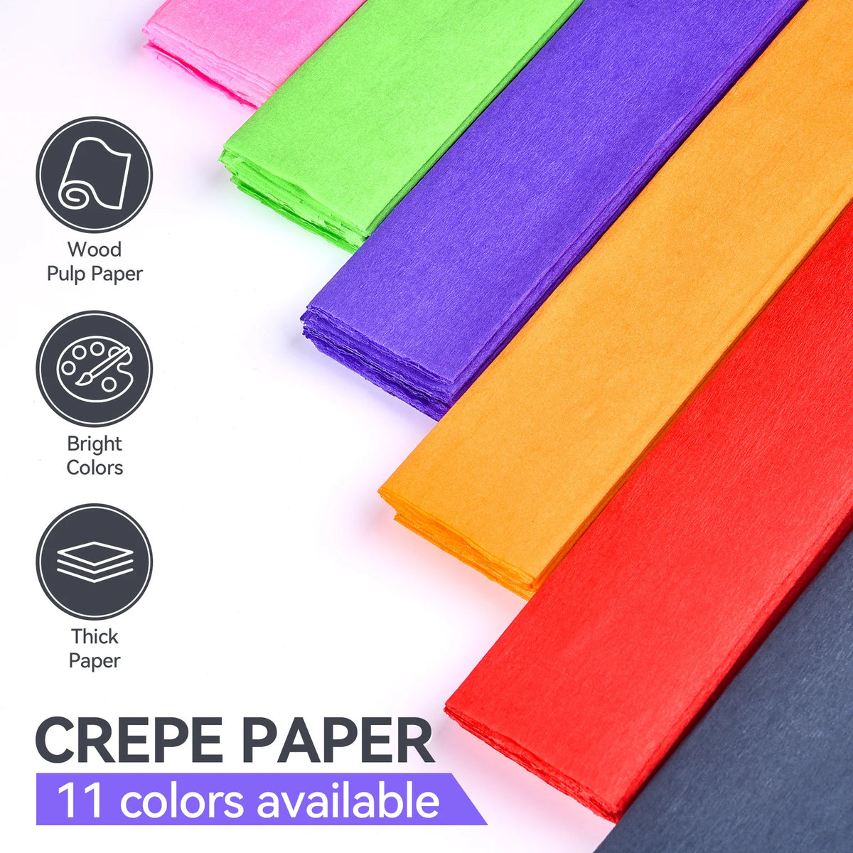 A display of eleven colored crepe papers, including pink, lime green, purple, orange, and red, stacked for craft projects.