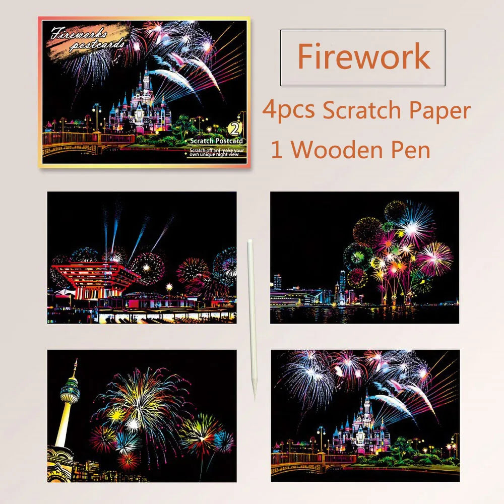 DIY Scratch Painting Art Kit featuring fireworks scenes on scratch paper and a wooden pen