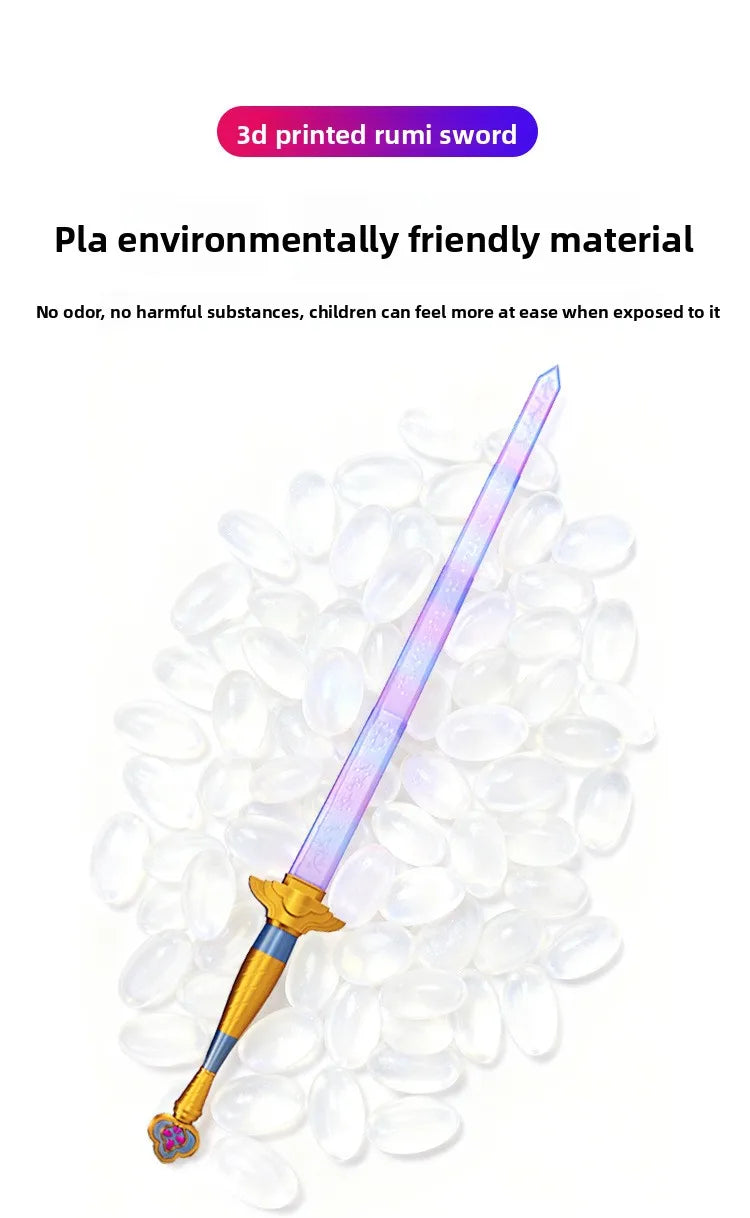 3D printed rumi sword prop with a gold hilt and purple blade displayed on a white background