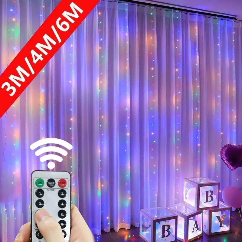A hand holds a remote control for USB-powered LED curtain lights illuminating purple fabric with colorful lights.