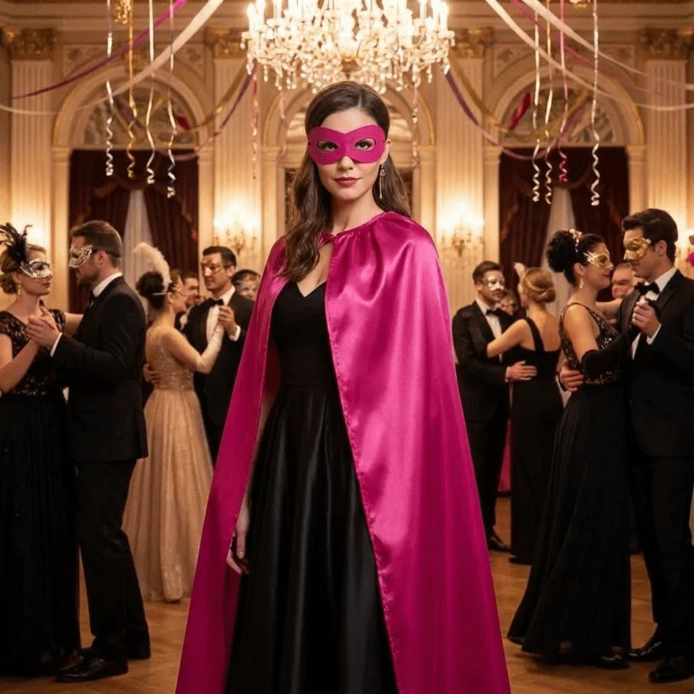 A woman in a black gown and pink cape with a purple eye mask stands in a grand hall surrounded by people in formal attire.