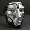 A silver and black tactical warden cosplay mask with a metallic finish.