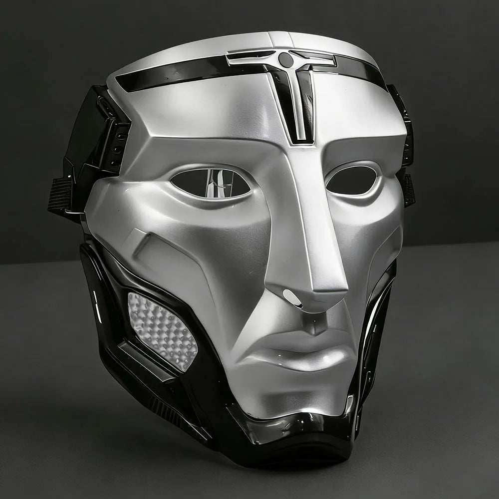A silver and black tactical warden cosplay mask with a metallic finish.