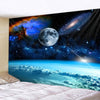 A dark space tapestry featuring a full moon, nebulae, and a blue Earth view above clouds.