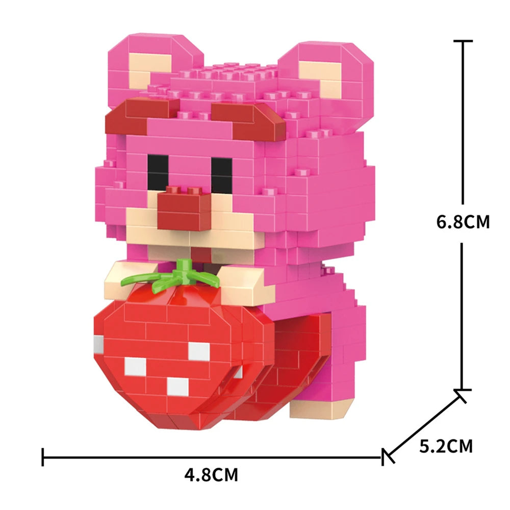 A pink animal model built from micro building blocks, featuring a face and a large red strawberry.