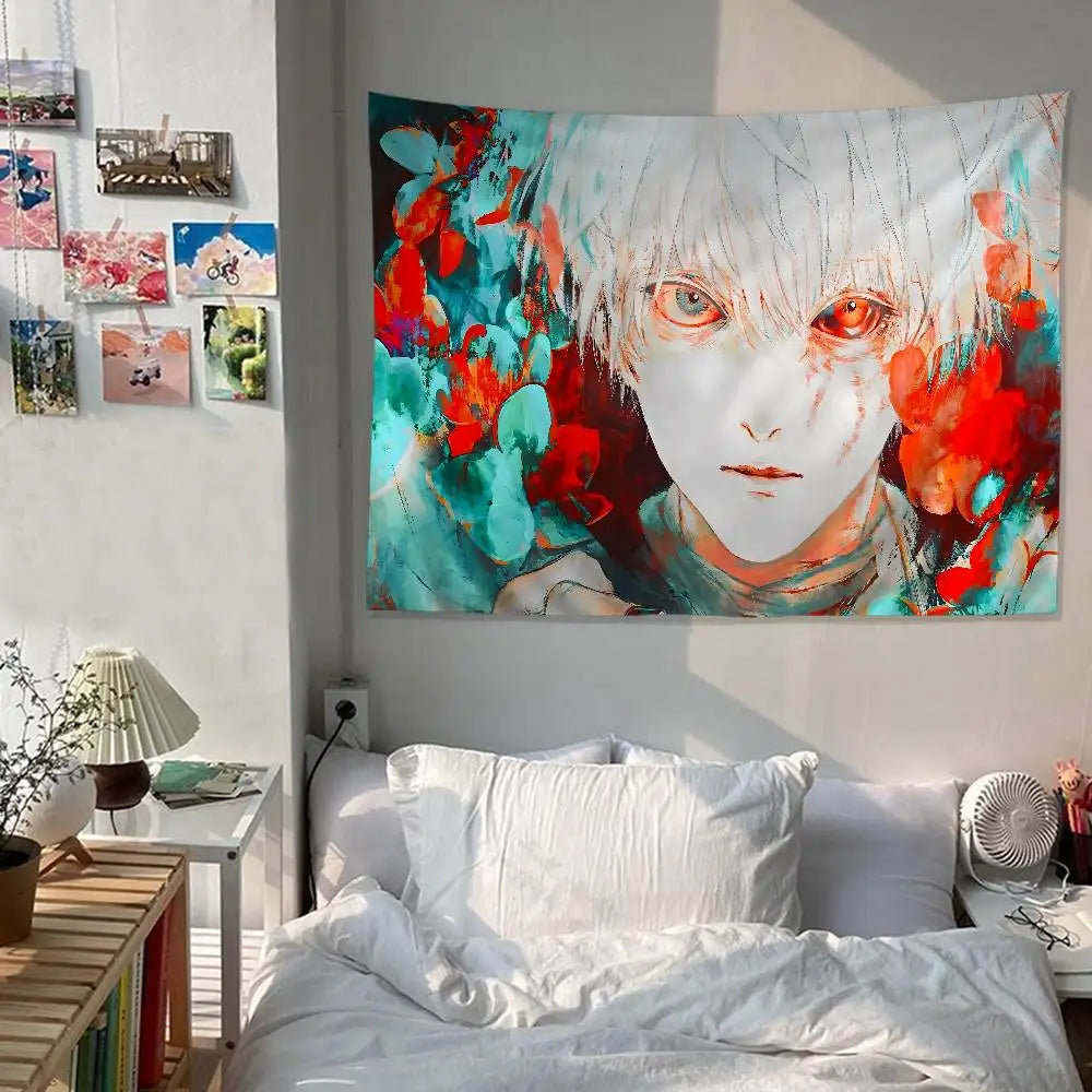 A large tapestry featuring an anime-style character with white hair and intense red eyes against a vibrant background of blue