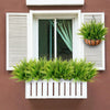 Two artificial Boston fern bushes in terracotta pots displayed in a white window box on a brown wall.