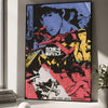 A poster featuring Spike Spiegel from Cowboy Bebop in a dynamic, stylized illustration with dark and vibrant colors.