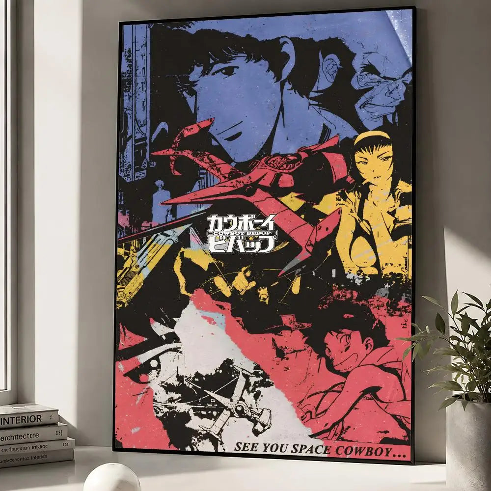 A poster featuring Spike Spiegel from Cowboy Bebop in a dynamic, stylized illustration with dark and vibrant colors.