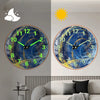 A minimalist round wall clock with glowing hands showing a time, displayed above a sofa.