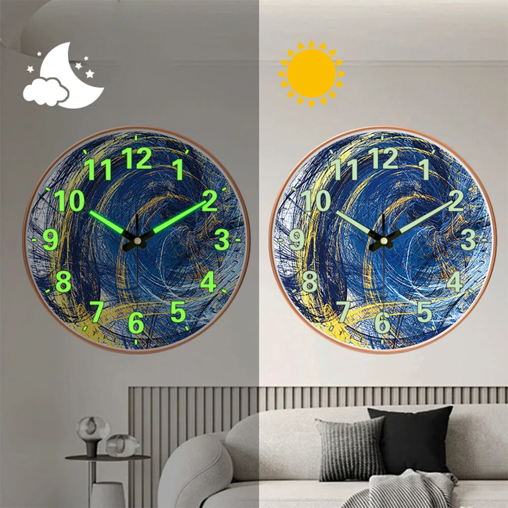 A minimalist round wall clock with glowing hands showing a time, displayed above a sofa.