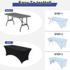 Instructions showing how to install a stretch fitted spandex table cover on a folding table in three steps.